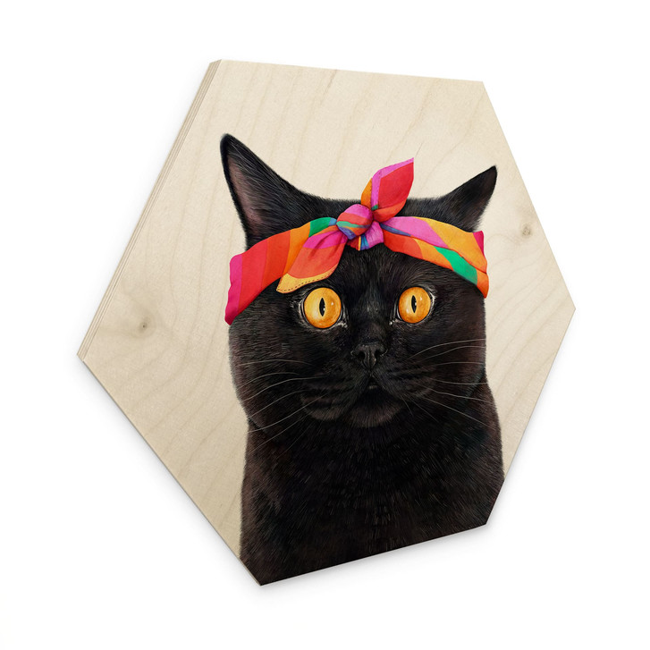 Hexagon Holzbild Schwarze Katze mit Bandana - Korenkova - WA518479