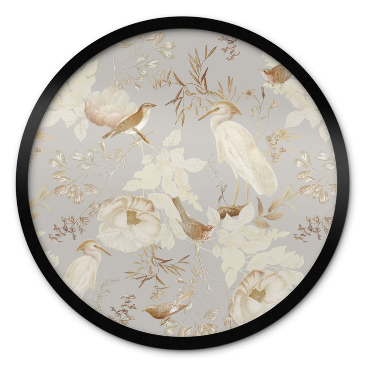 Poster Vögel zwischen weissen Blumen - UN Designs - Rund - WA427754