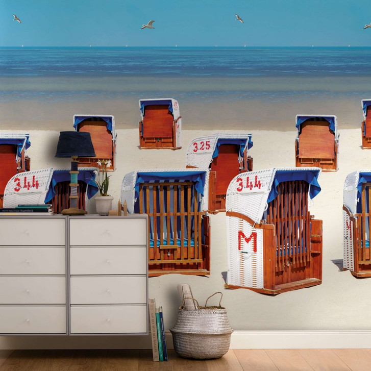 Fototapete mit Strandkörben am Meer Beige, Blau ,Illustration 2.70 x 1.59 m - WA448944