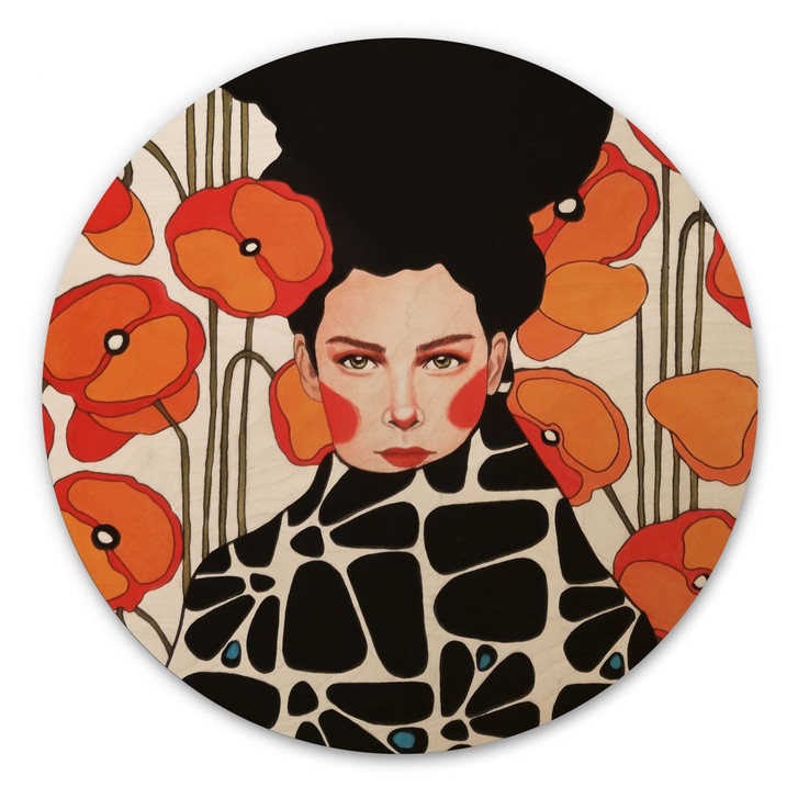 Holzbild Frau mit Retro-Mohnblumen - Hülya - Rund - WA495502