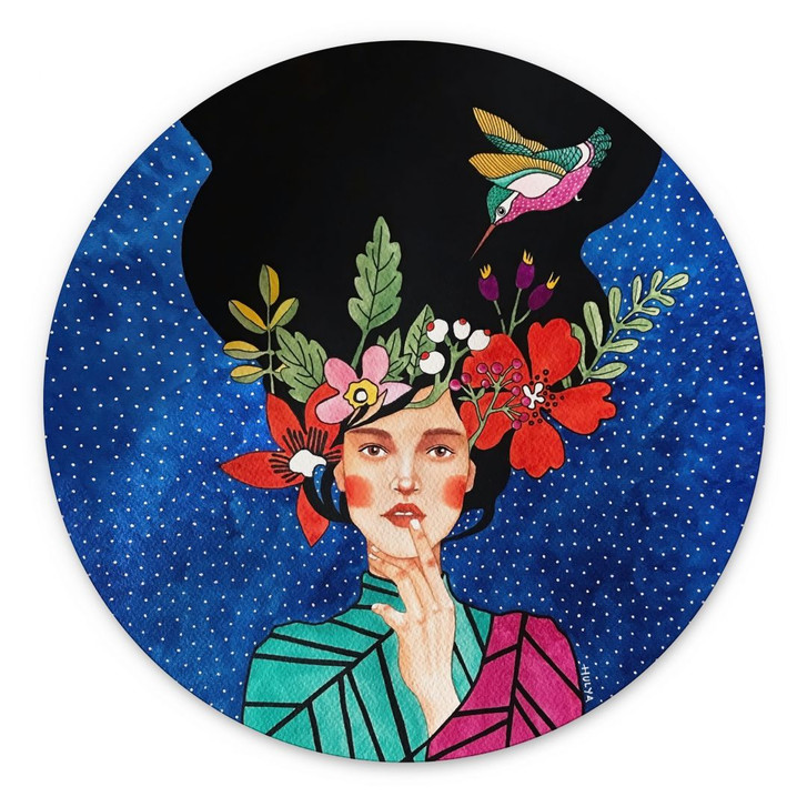 Wandbild Frau mit Kolibri in der Sternennacht - Hülya - Alu-Dibond Rund - WA492296