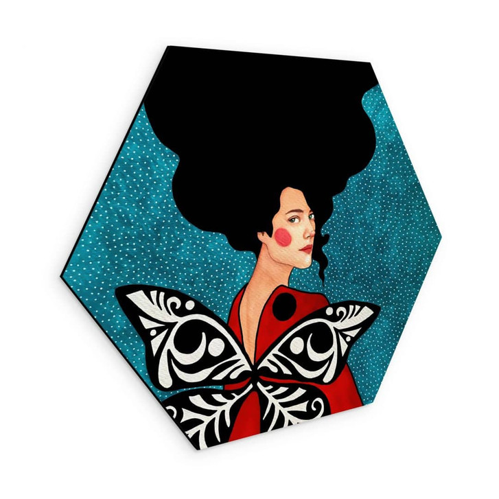 Hexagon Wandbild Frau mit Schmetterlingsflügeln - Hülya - Alu-Dibond - WA491999