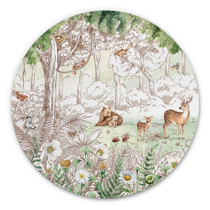 Kinderzimmer Wandbild Kikki Belle - Waldfreunde Frühling - Alu-Dibond Rund - WA356292