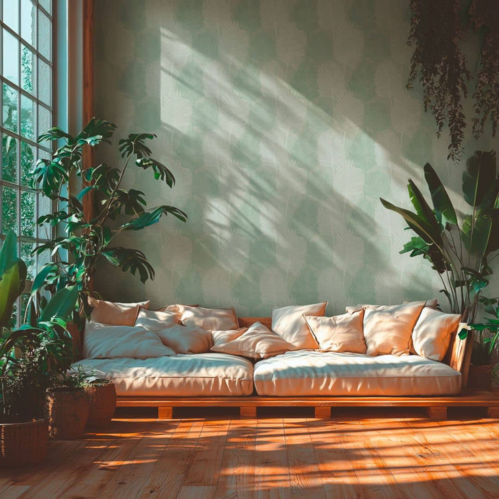 Palmblatt-Tapete Salbeigrün – Tropisches Blättermotiv – Vliestapete modern - WA465698