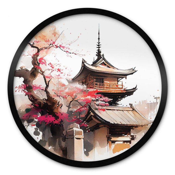 Poster Japanische Pagode mit Kirschblüten - Jaszke - Rund - WA417457