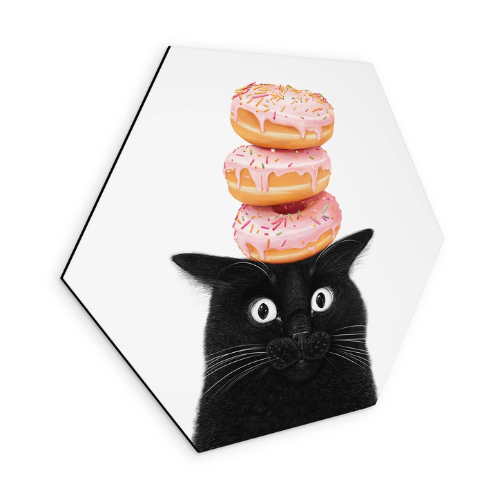 Hexagon Wandbild Schwarze Katze mit pinken Donuts - Korenkova - Alu-Dibond - WA516612