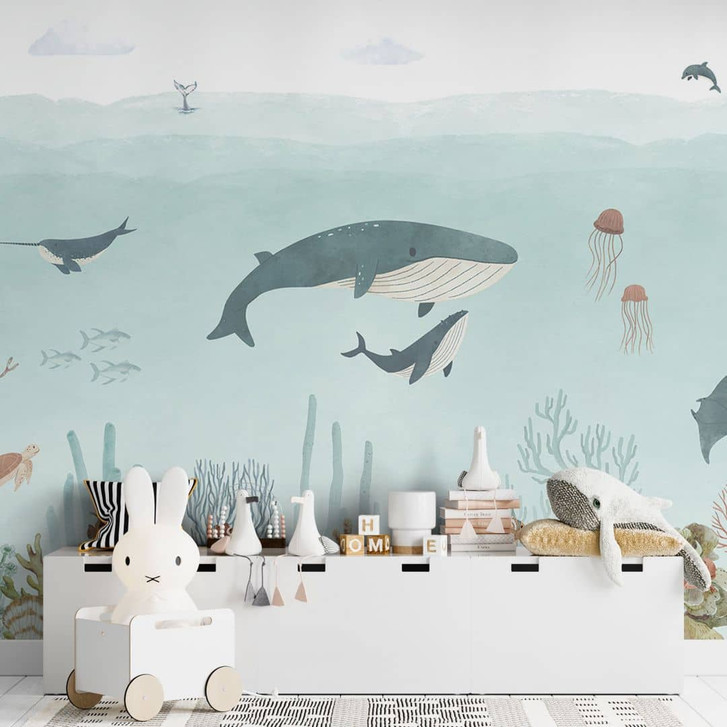 Kindertapete Unterwasser-Abenteuer mit Meerestieren - Blau - Oliver Robins - WA435394