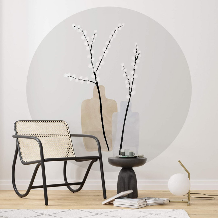 Fototapete Blursbyai - Zwei Vasen mit Weidenzweigen in Pastelltönen - Rund - Selbstklebend/Vlies - WA353187