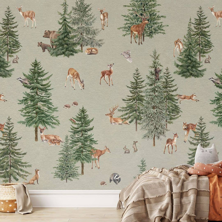 Fototapete Märchenhafter Tannenwald mit Rehen und Hasen - Kikki Belle - WA432082