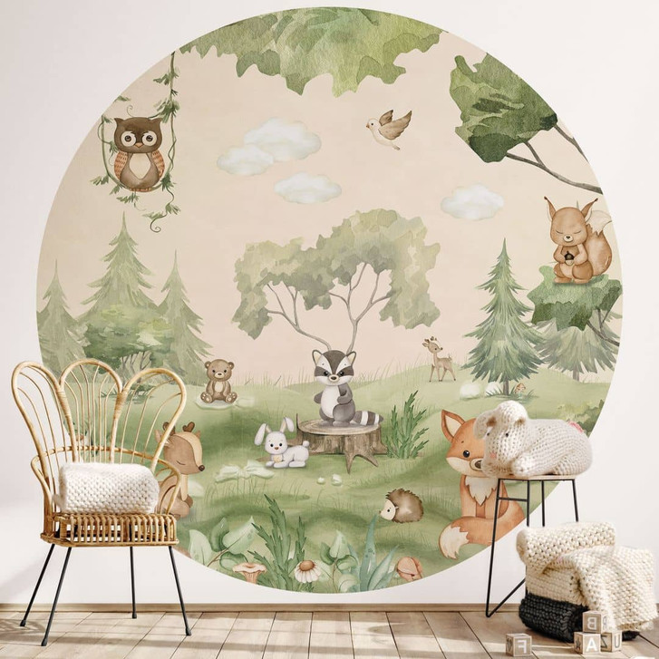 Kindertapete Süsse Tiere im Herzen des Waldes | Kinderzimmer - Oliver Robins - Rund - Selbstklebend/Vlies - WA470844