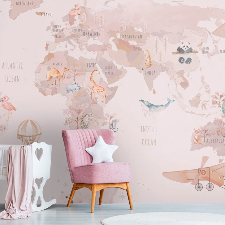 Fototapete Weltkarte Tiere Rosa Beige 3.75 x 2.50 m - Kindertapete Vlies - WA504992