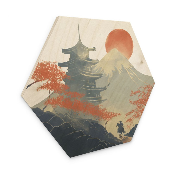 Hexagon Holzbild Sonnenaufgang über der Pagode - Roze - WA435557