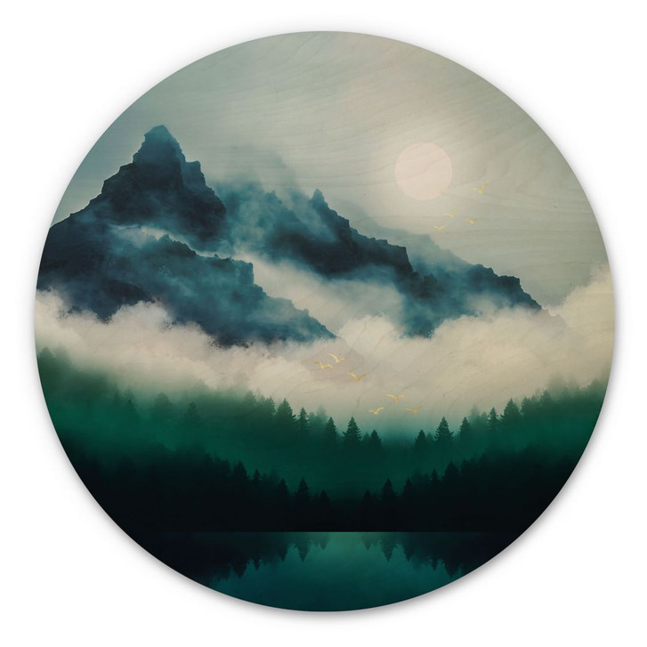 Holzbild Neblige Landschaft in der Nacht - SpaceFrog Designs - Rund - WA425346