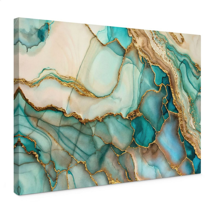 Leinwandbild Marmorierte Wellen in Türkis und Gold | Abstrakte Kunst - Haase - WA432833