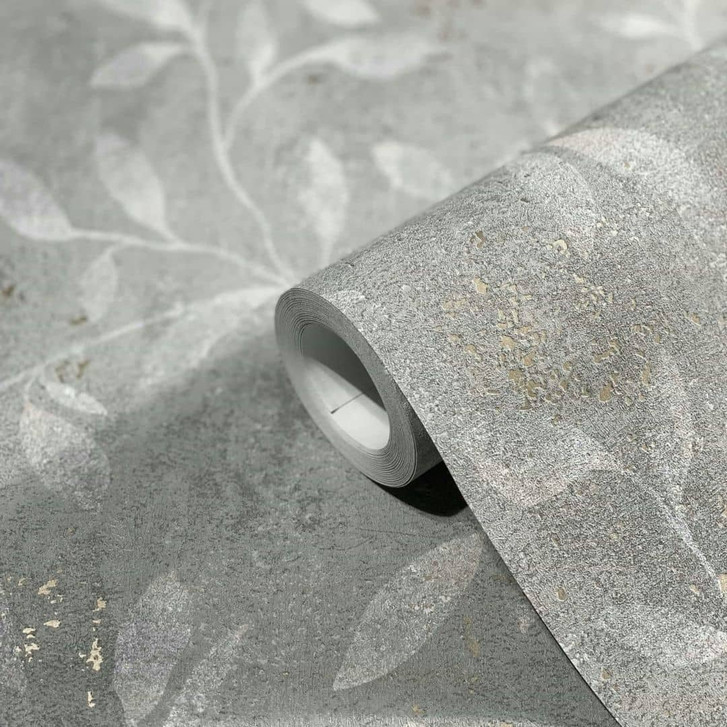 Vliestapete mit Blattmotiv und Metallic Effekt Grau Floral - WA450207