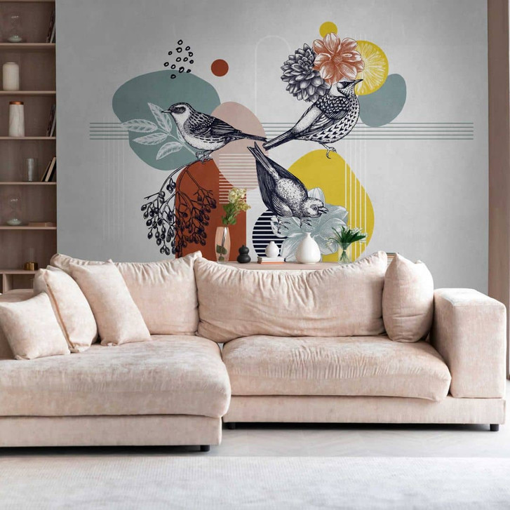 Fototapete Vögel Bunt Grafik - Vliestapete mit Natur- und Blumenmotiv für Wohnzimmer - WA418416