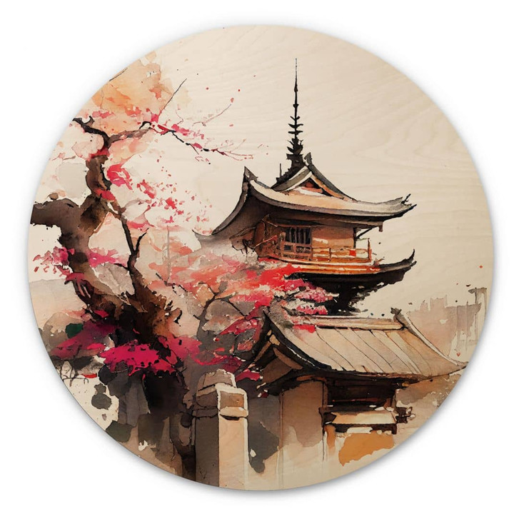 Holzbild Japanische Pagode mit Kirschblüten - Jaszke - Rund - WA416971