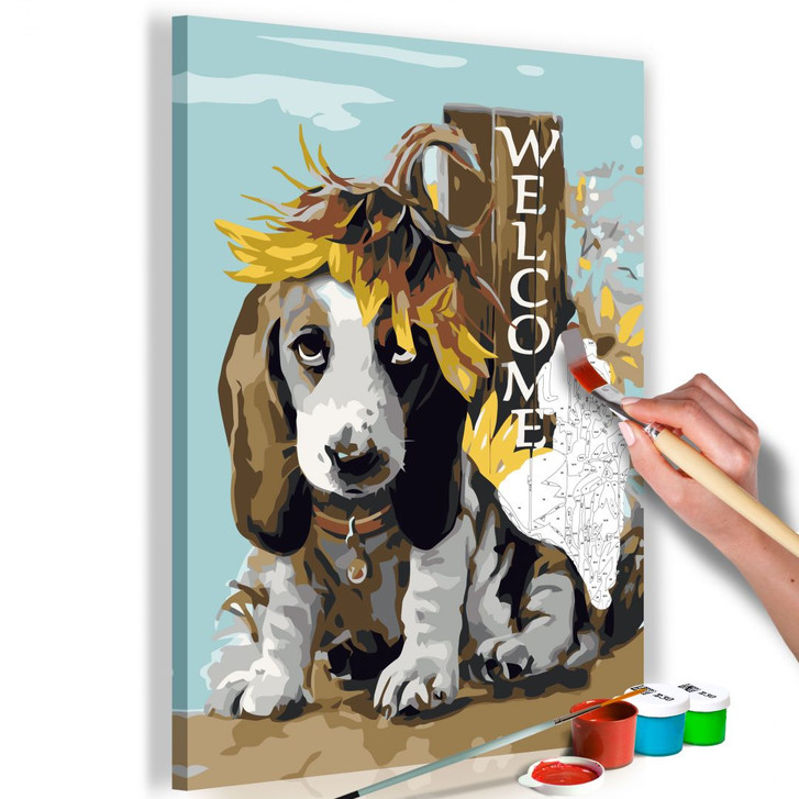 Malen nach Zahlen Leinwandbild - Hund und Sonnenblumen - 40 x 50 cm - mit Keilrahmen - bespannt - WA437786