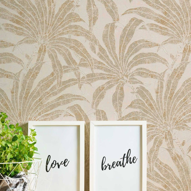Pflanzen-Tapete leicht glänzend Gold Beige - Mustertapete mit Dchungelmuster - WA396808
