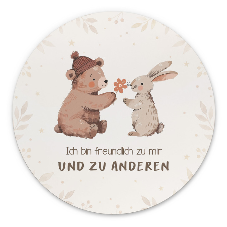 Rundes Alu-Dibond mit Bär und Hase - Selbstliebe-Spruch 