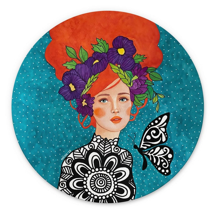 Wandbild Schmetterlingsfrau mit Blütenkranz - Hülya - Alu-Dibond Rund - WA492046