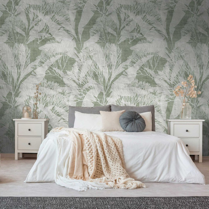 Botanische Tapete Grün Weiss - Vliestapete mit Blättermuster für Wohnzimmer & Schlafzimmer - WA418391
