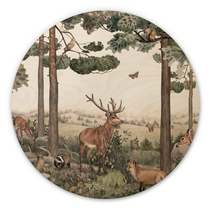 Holzbild Kikki Belle - Heimische Tiere im Wald - Rund - WA355294