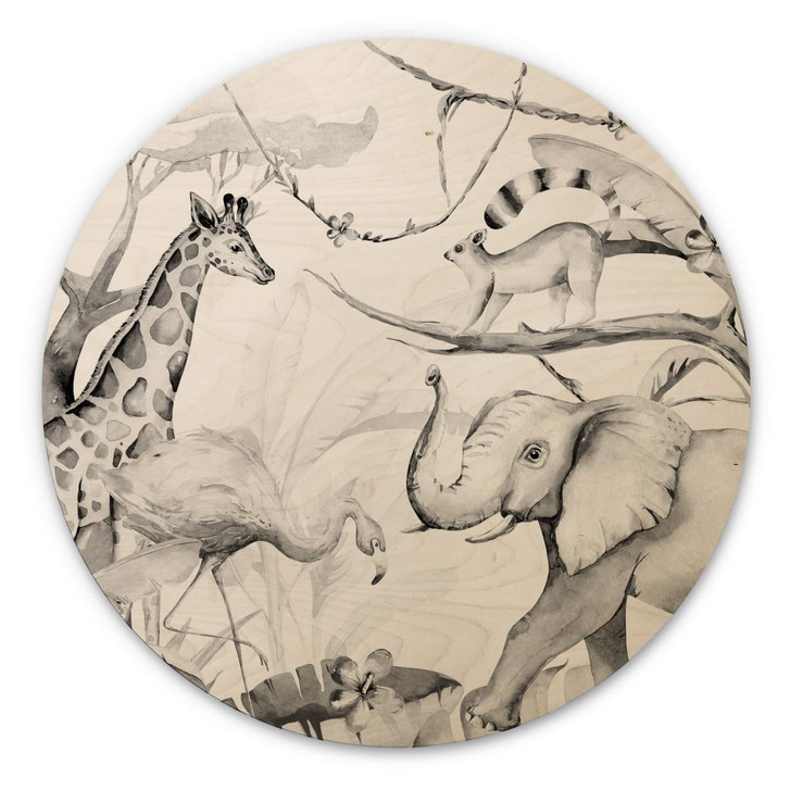Holzbild Kvilis - Tierfreunde im Dschungel - schwarz-weiss - Rund - WA302740
