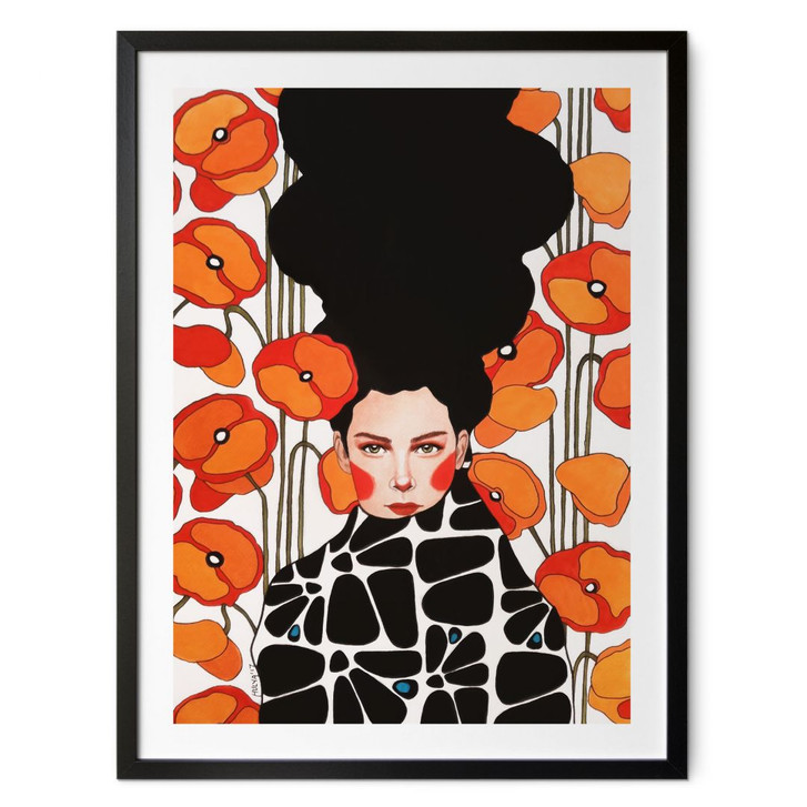 Poster Frau mit Retro-Mohnblumen | Porträtkunst für das Wohnzimmer - Hülya - WA498978