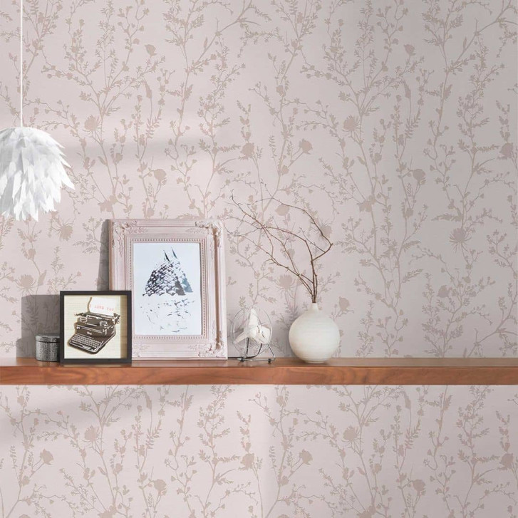 Vliestapete Äste Blüten Rosa Grau - Blümchen-Tapete floral - Blumen Mustertapete - WA396947