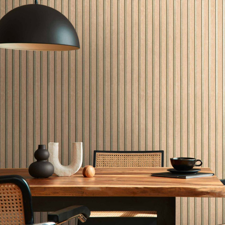 Holzoptik-Tapete mit Streifen Beige Braun – Vliestapete modern Paneel-Look - WA431712