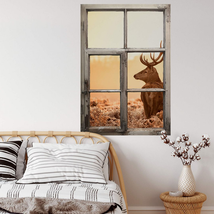 3D Wandtattoo Fenster Shabby - Majestätischer Hirsch - WA229602