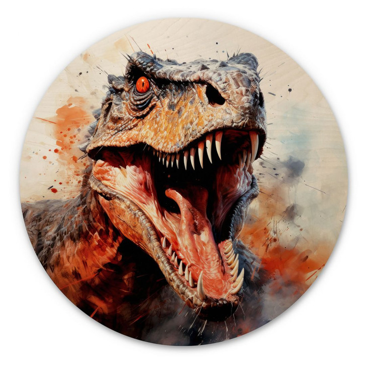 Holzbild T-Rex: Das wilde Gesicht der Urzeit - Jaszke - Rund - WA434344