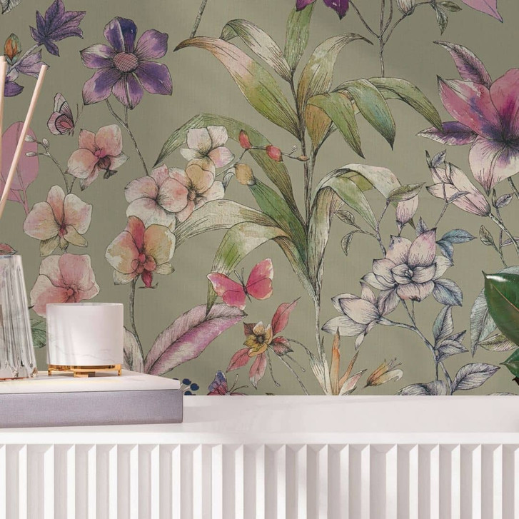 Vliestapete florales Design auf grünem Hintergrund mit Schmetterlingen - WA509626
