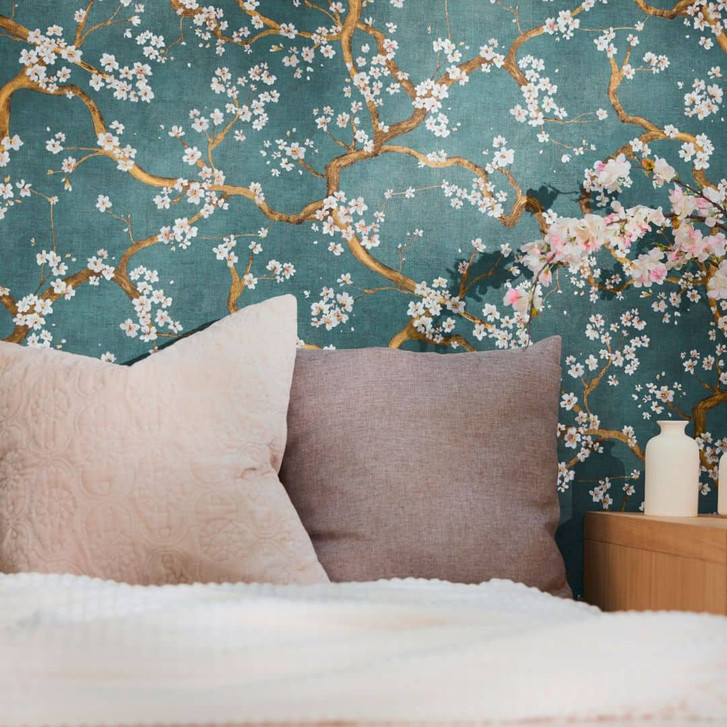 Blütenzweig-Tapete Dunkelgrün Gold Weiss – Asiatisches Blumenmotiv – Vliestapete - WA465499