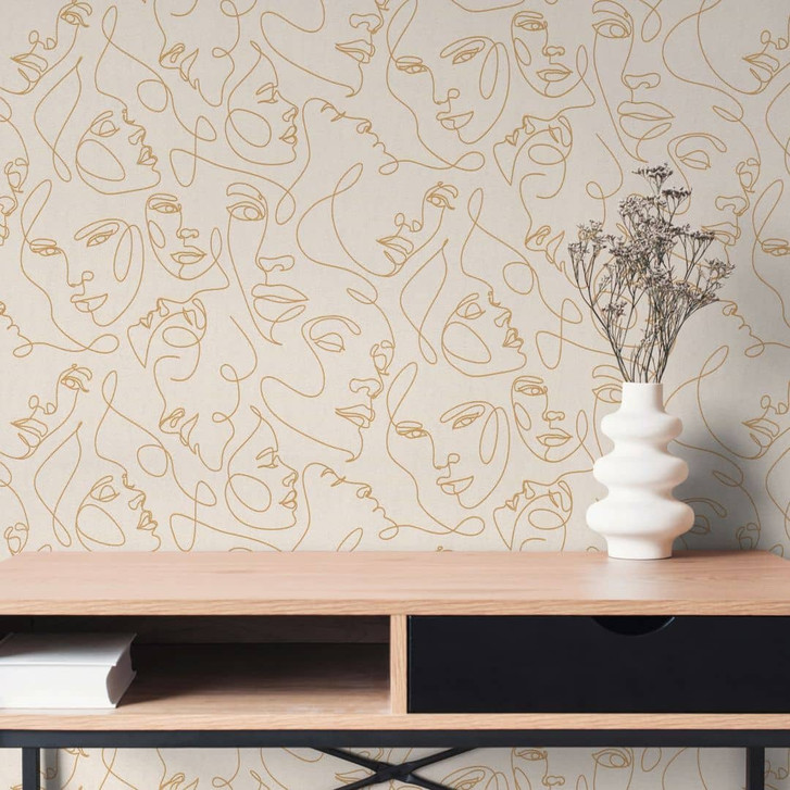 Gesichter-Tapete Line-Art Creme Gold - Vliestapete modern abstrakt elegant - WA509592