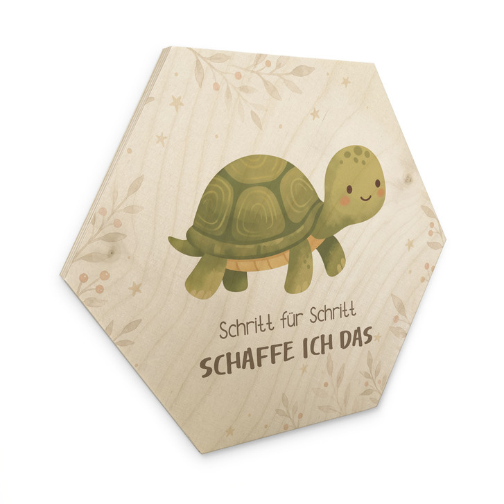 Holzbild Hexagon mit Schildkröte - kindgerechte Affirmation 