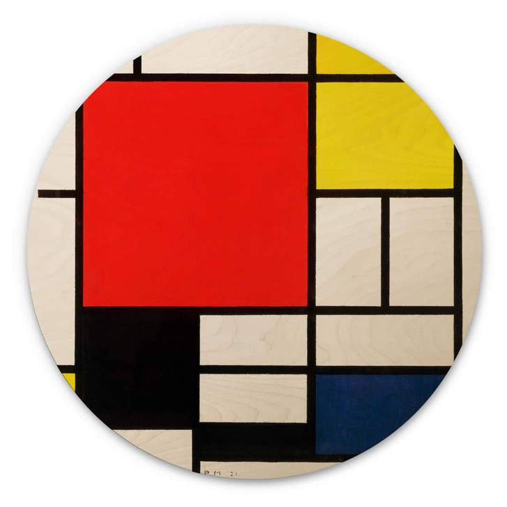 Holzbild Mondrian - Komposition mit Rot Gelb Blau und Schwarz - Rund - WA327008