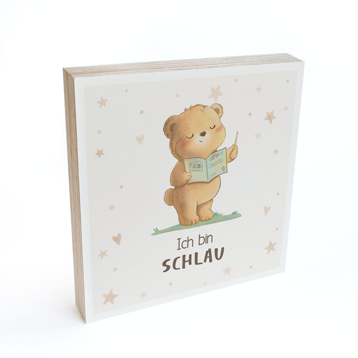 Holzbild zum Hinstellen - Bär mit Buch und Mutmachspruch 