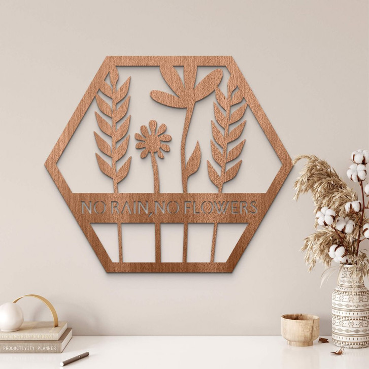 Holzdeko Mahagoni - Blumen im Hexagon - No Rain No Flowers - WA333132