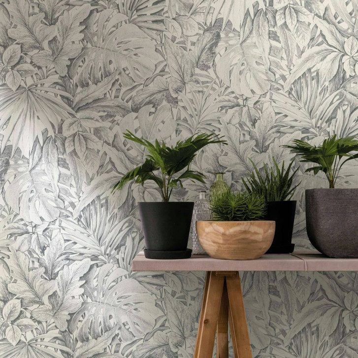 Vliestapete mit strukturiertem Blattmotiv grau Floral - WA450345