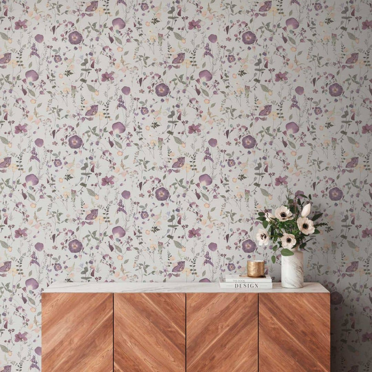 Florale Tapete Blumen Aquarell - Vliestapete in Lila Flieder Beige - Romantische Blumentapete - WA465201