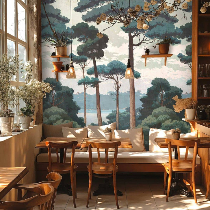 Fototapete Waldlandschaft Kiefern Grau Grün – Vliestapete erweiterbar - WA461090