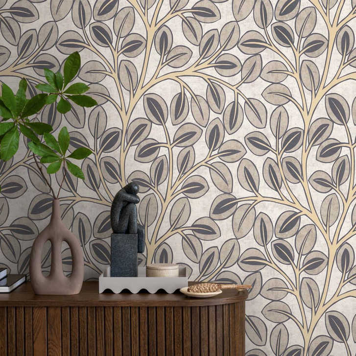 Tapete aus Vlies grafisch - dezentes Blätterdesign in Taupe & Naturton - WA492778