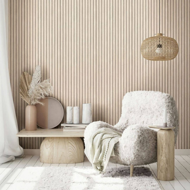 Vliestapete in Grau Beige 3D-Optik Akustikpaneel Optik Holz Streifen Klassisch - WA451199