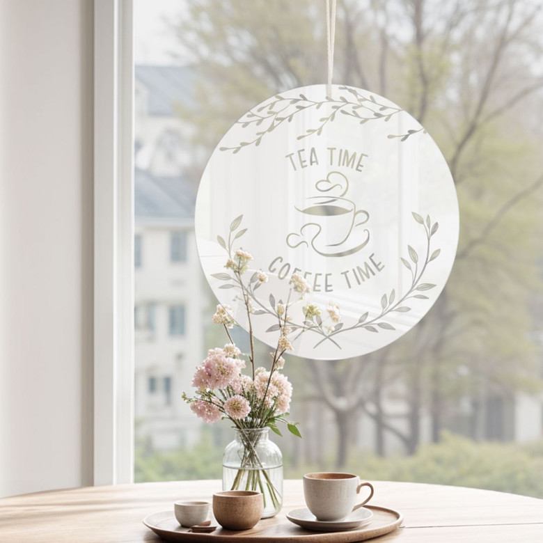 Acrylglasbild, Fensterbild zum Aufhängen Auszeit mit Kaffee und Tee
