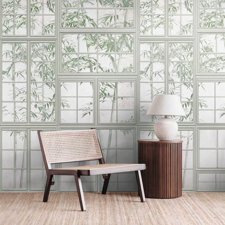 3D-Fenster-Fototapete mit Bambusmotiv - Vliestapete Natur-Optik -  Wohnzimmer Tapete