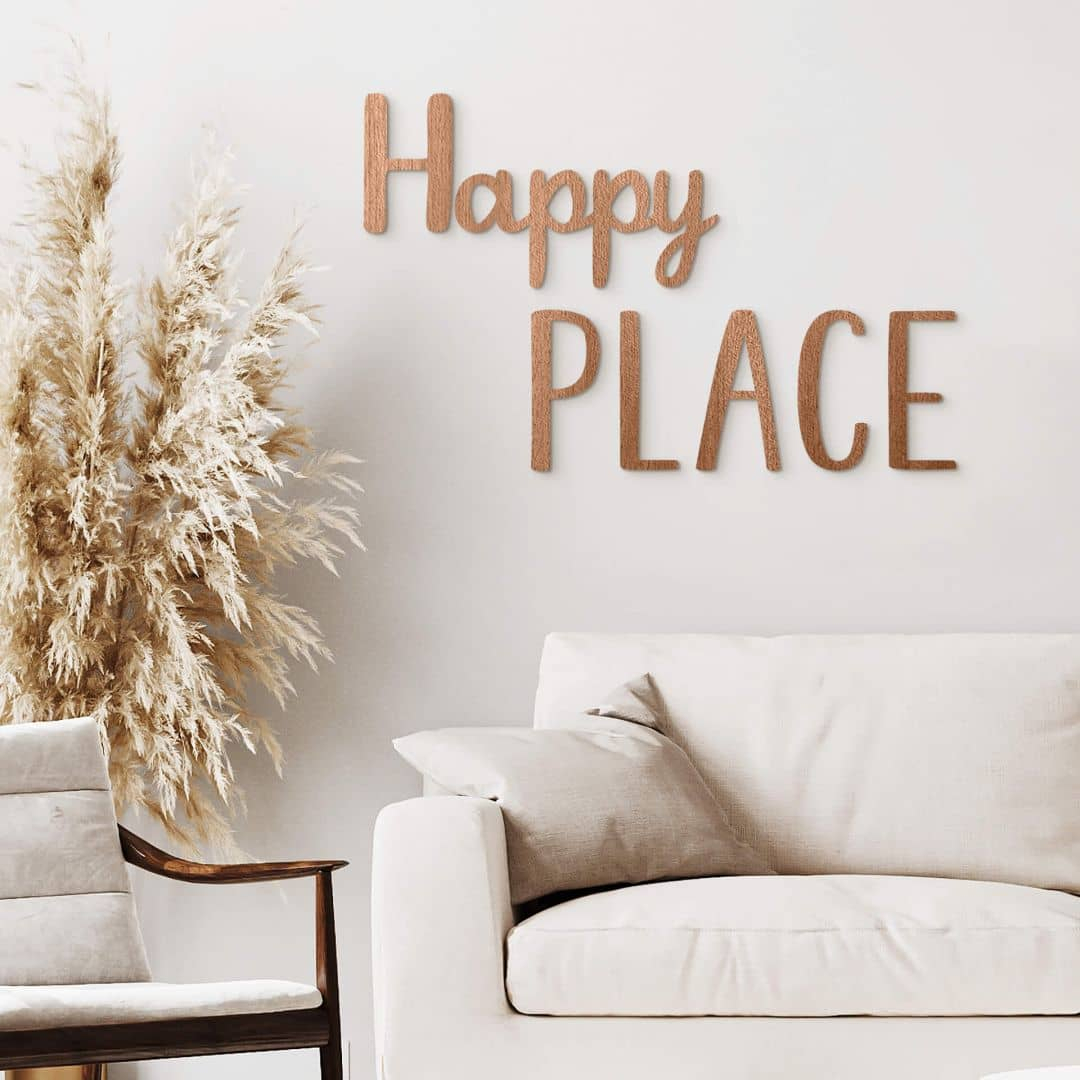 3D Deko Schriftzug Happy Place - Mahagoniholz
