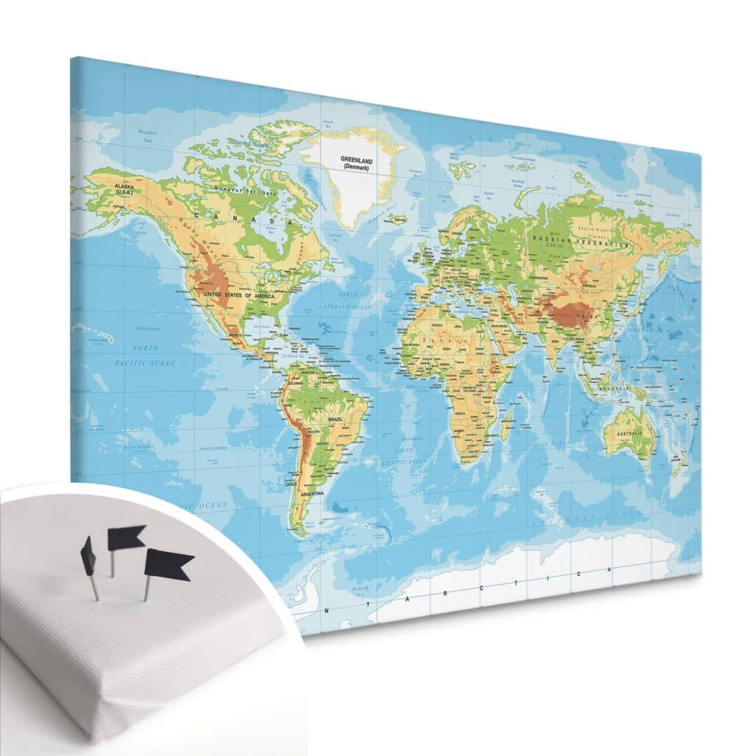 Pinnwand Weltkarte als Leinwand – Topografisch, stilvoll & interaktiv