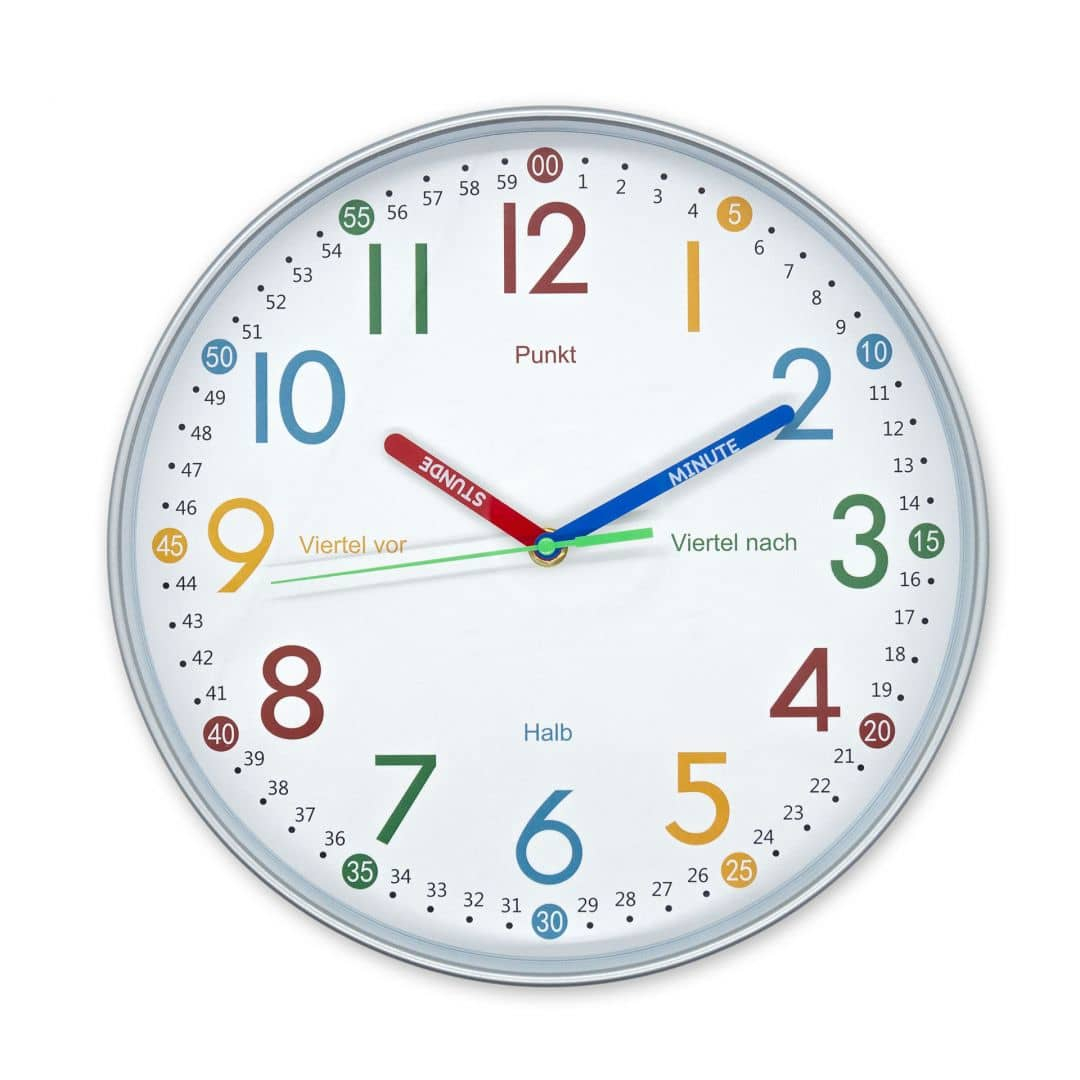 Analoge Lernuhr Kinderzimmer Wanduhr leise Kinderuhr für Grundschulkinder Metall-Optik Ø30 cm
